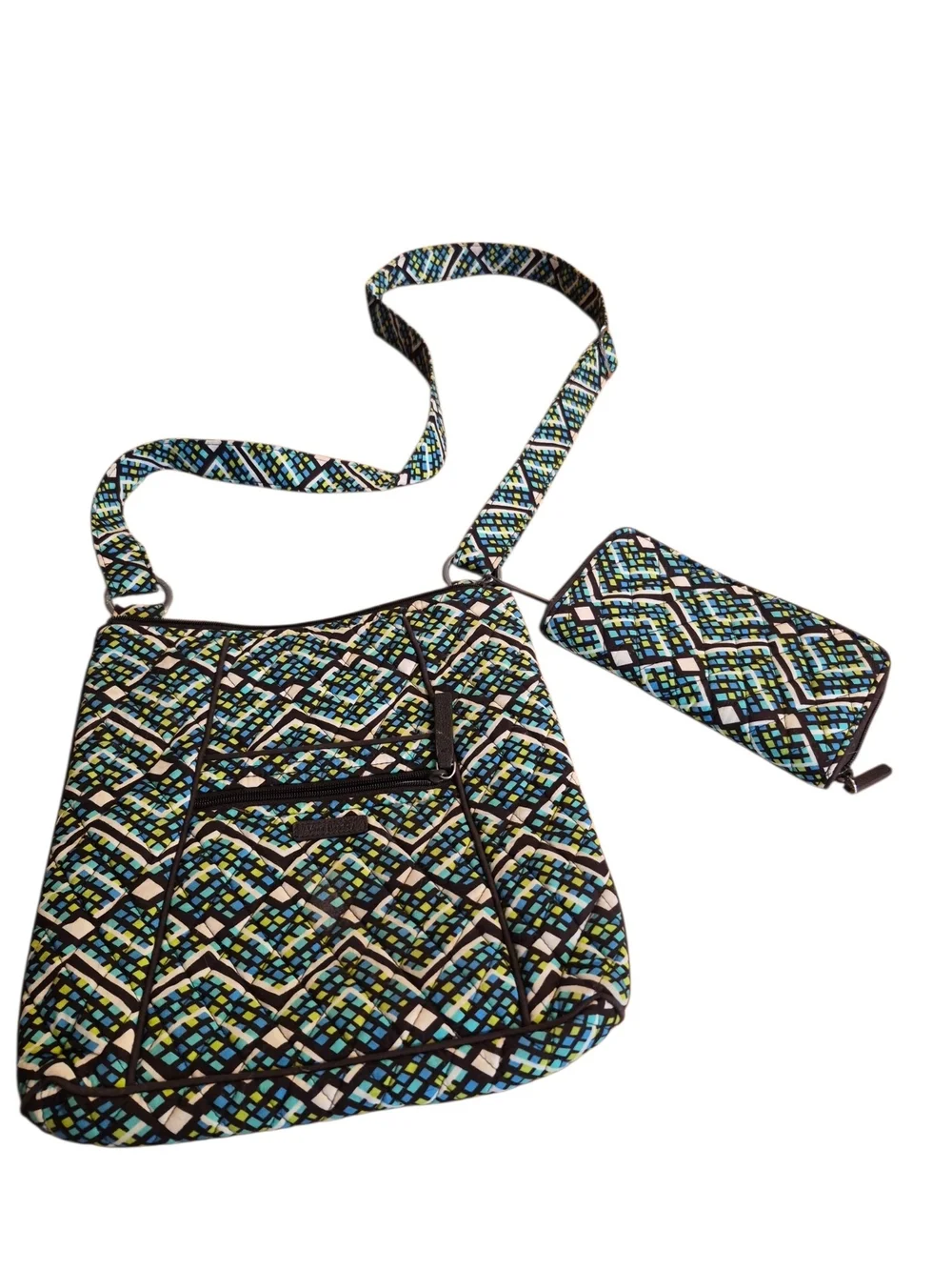 V.B. Retired Rain Forest Green/ Brown Geometric Hipster Crossbody Bag w/ Wallet